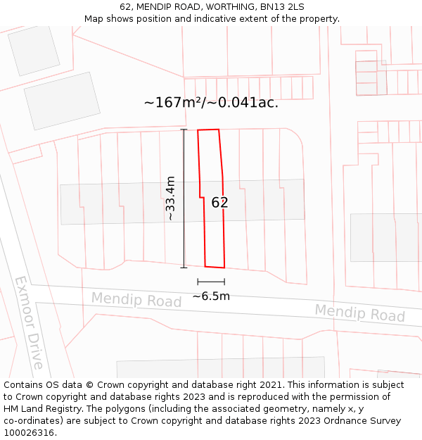 62, MENDIP ROAD, WORTHING, BN13 2LS: Plot and title map
