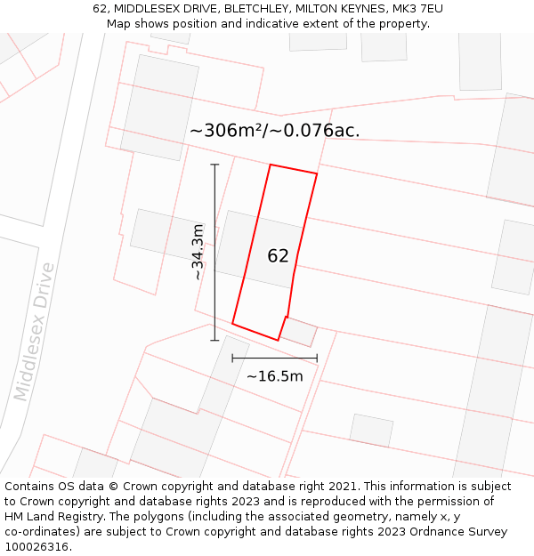 62, MIDDLESEX DRIVE, BLETCHLEY, MILTON KEYNES, MK3 7EU: Plot and title map