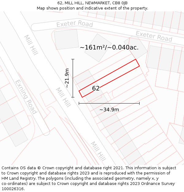 62, MILL HILL, NEWMARKET, CB8 0JB: Plot and title map