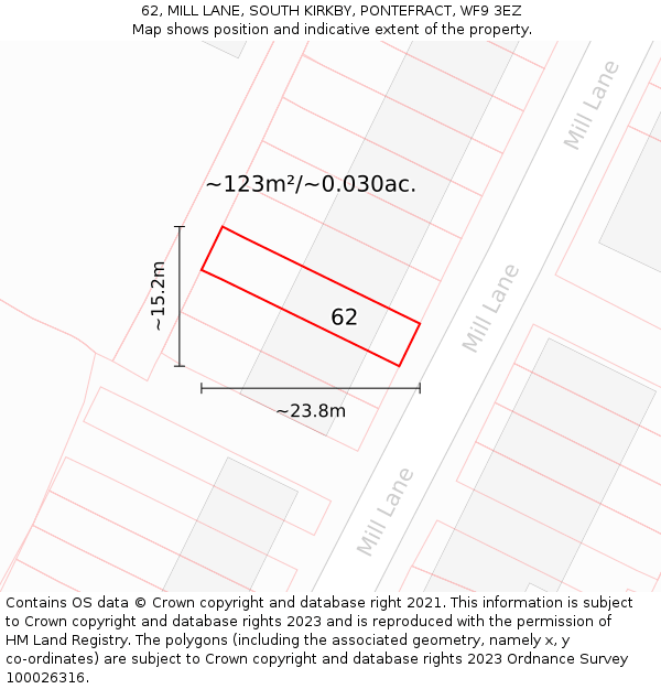 62, MILL LANE, SOUTH KIRKBY, PONTEFRACT, WF9 3EZ: Plot and title map