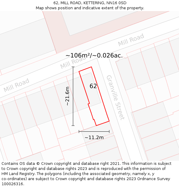 62, MILL ROAD, KETTERING, NN16 0SD: Plot and title map