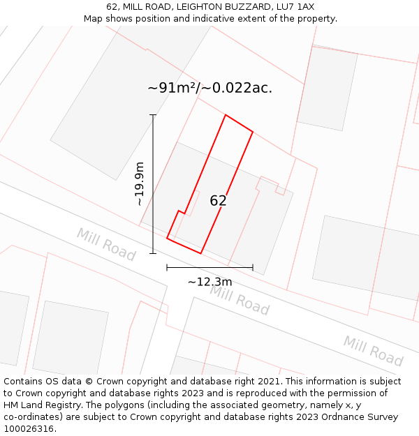 62, MILL ROAD, LEIGHTON BUZZARD, LU7 1AX: Plot and title map