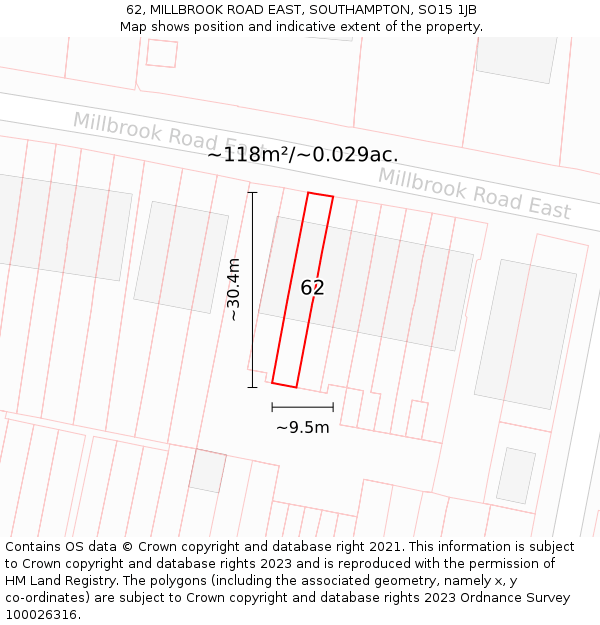 62, MILLBROOK ROAD EAST, SOUTHAMPTON, SO15 1JB: Plot and title map