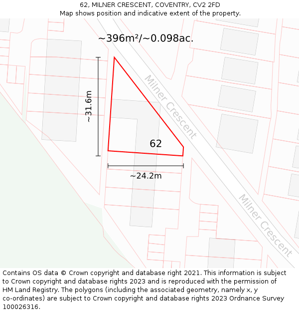 62, MILNER CRESCENT, COVENTRY, CV2 2FD: Plot and title map