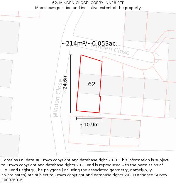 62, MINDEN CLOSE, CORBY, NN18 9EP: Plot and title map
