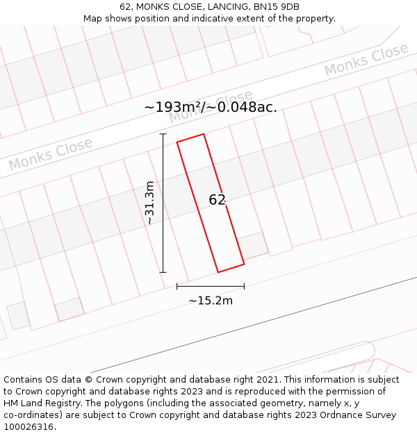 62, MONKS CLOSE, LANCING, BN15 9DB: Plot and title map