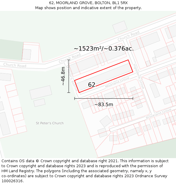 62, MOORLAND GROVE, BOLTON, BL1 5RX: Plot and title map