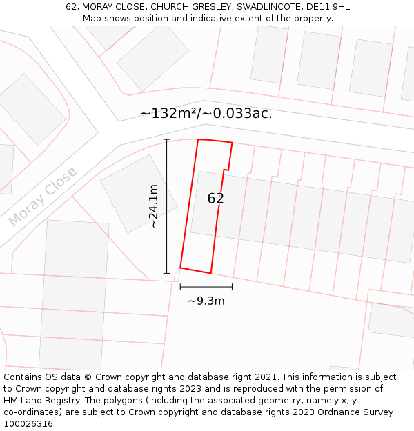 62, MORAY CLOSE, CHURCH GRESLEY, SWADLINCOTE, DE11 9HL: Plot and title map