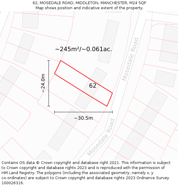 62, MOSEDALE ROAD, MIDDLETON, MANCHESTER, M24 5QP: Plot and title map