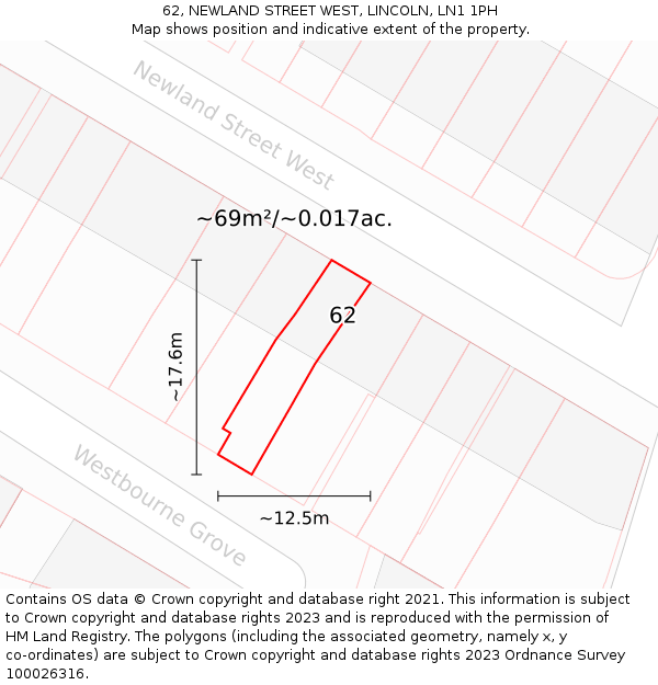 62, NEWLAND STREET WEST, LINCOLN, LN1 1PH: Plot and title map
