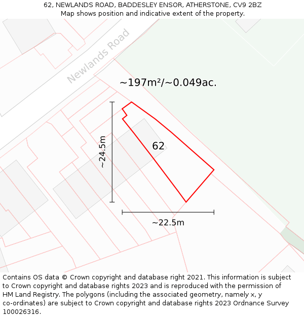 62, NEWLANDS ROAD, BADDESLEY ENSOR, ATHERSTONE, CV9 2BZ: Plot and title map