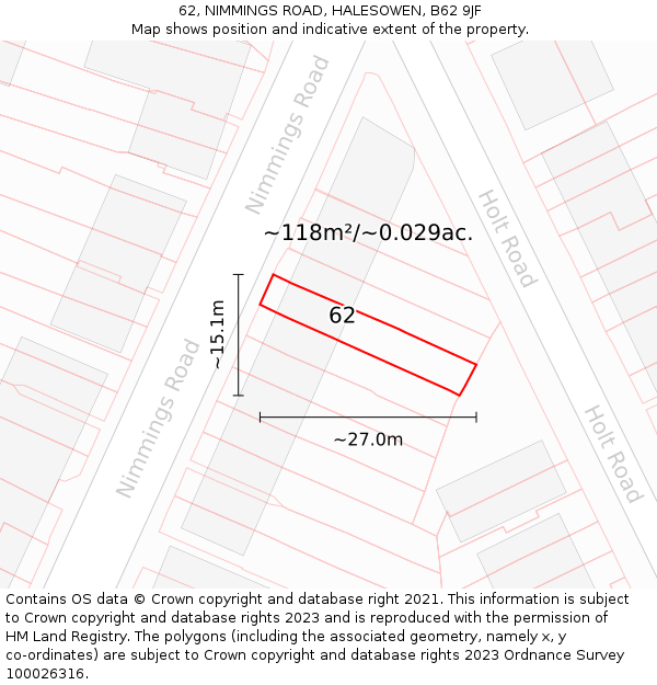 62, NIMMINGS ROAD, HALESOWEN, B62 9JF: Plot and title map