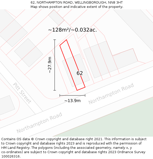 62, NORTHAMPTON ROAD, WELLINGBOROUGH, NN8 3HT: Plot and title map
