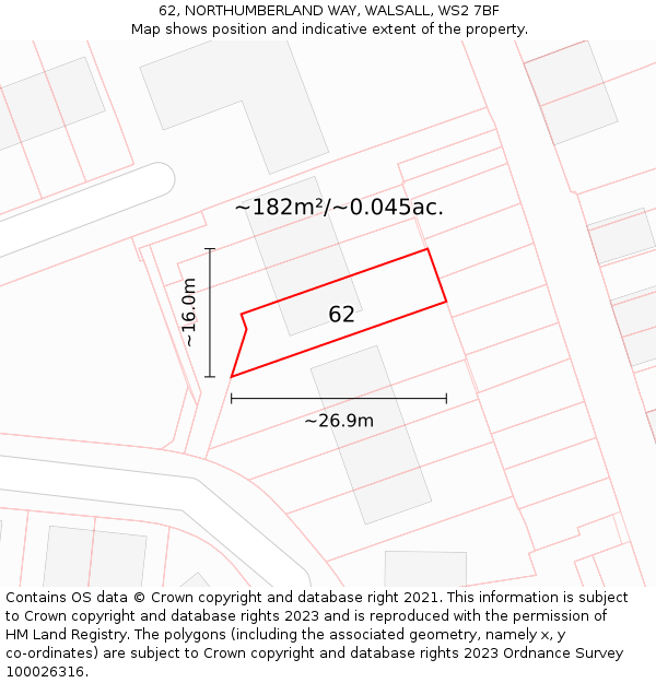 62, NORTHUMBERLAND WAY, WALSALL, WS2 7BF: Plot and title map