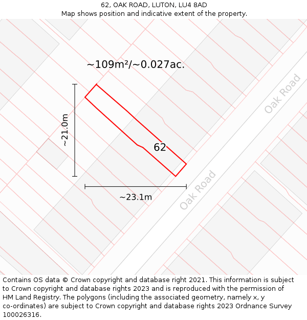 62, OAK ROAD, LUTON, LU4 8AD: Plot and title map