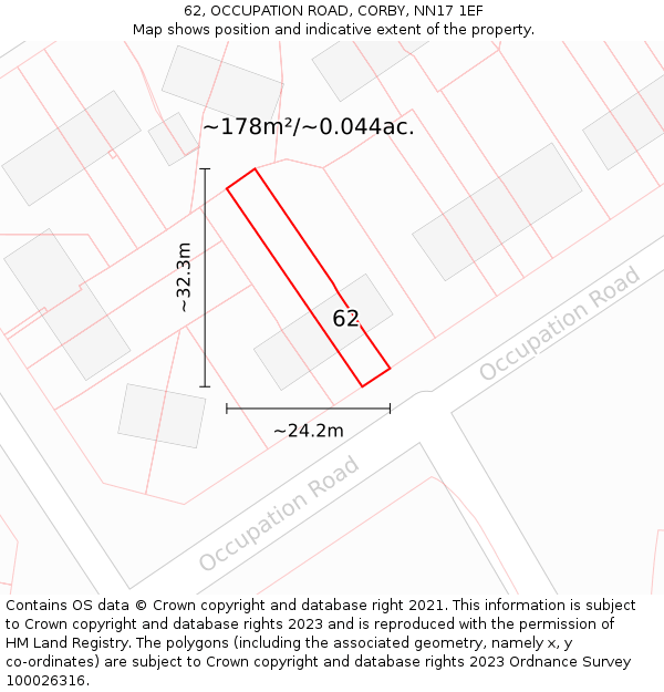 62, OCCUPATION ROAD, CORBY, NN17 1EF: Plot and title map