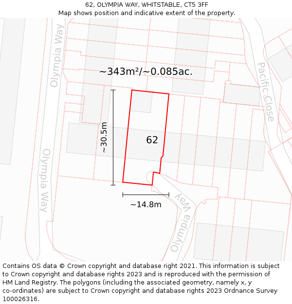 62, OLYMPIA WAY, WHITSTABLE, CT5 3FF: Plot and title map