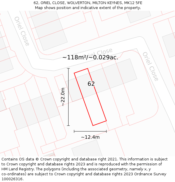 62, ORIEL CLOSE, WOLVERTON, MILTON KEYNES, MK12 5FE: Plot and title map
