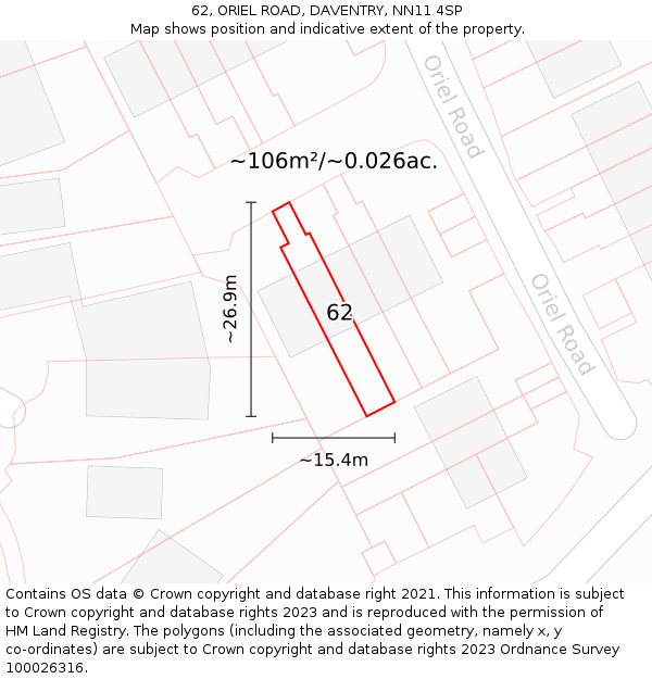 62, ORIEL ROAD, DAVENTRY, NN11 4SP: Plot and title map