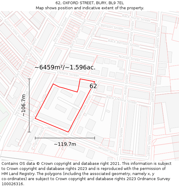 62, OXFORD STREET, BURY, BL9 7EL: Plot and title map