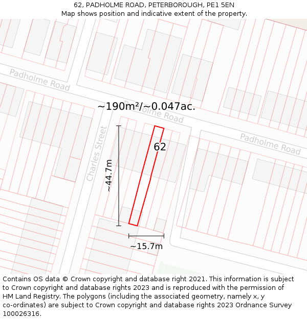 62, PADHOLME ROAD, PETERBOROUGH, PE1 5EN: Plot and title map