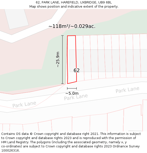 62, PARK LANE, HAREFIELD, UXBRIDGE, UB9 6BL: Plot and title map