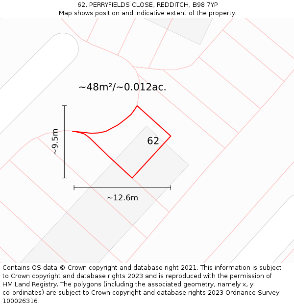 62, PERRYFIELDS CLOSE, REDDITCH, B98 7YP: Plot and title map