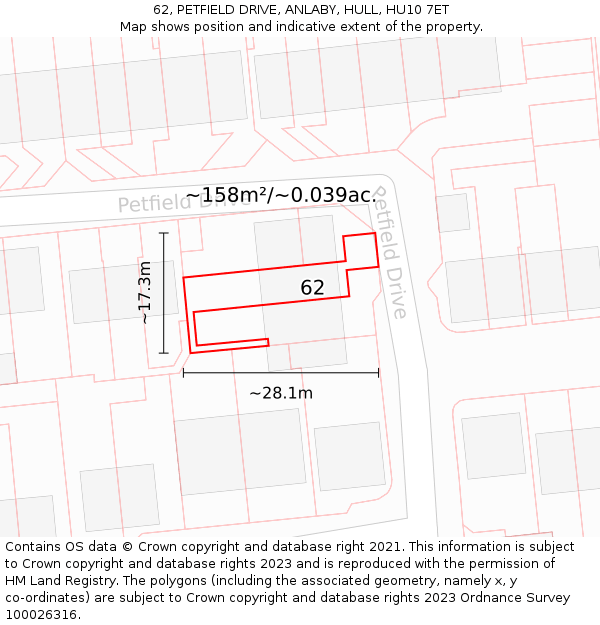 62, PETFIELD DRIVE, ANLABY, HULL, HU10 7ET: Plot and title map