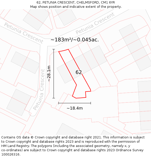 62, PETUNIA CRESCENT, CHELMSFORD, CM1 6YR: Plot and title map