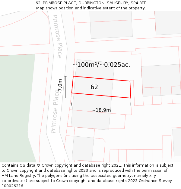 62, PRIMROSE PLACE, DURRINGTON, SALISBURY, SP4 8FE: Plot and title map