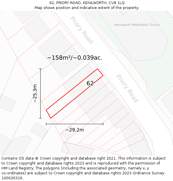 62, PRIORY ROAD, KENILWORTH, CV8 1LQ: Plot and title map