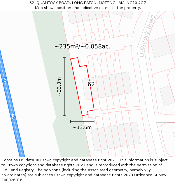 62, QUANTOCK ROAD, LONG EATON, NOTTINGHAM, NG10 4GZ: Plot and title map
