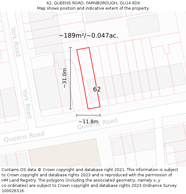 62, QUEENS ROAD, FARNBOROUGH, GU14 6DX: Plot and title map