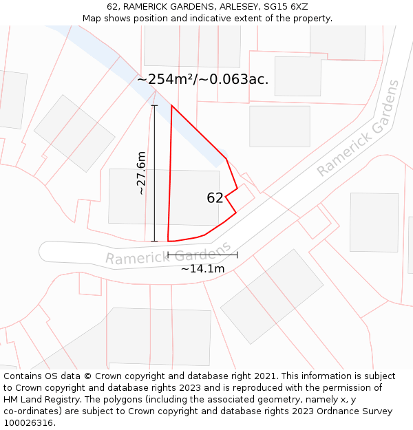 62, RAMERICK GARDENS, ARLESEY, SG15 6XZ: Plot and title map