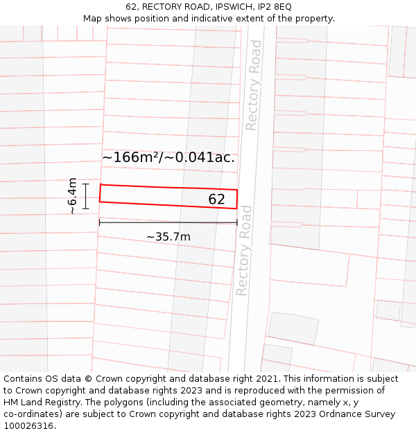62, RECTORY ROAD, IPSWICH, IP2 8EQ: Plot and title map