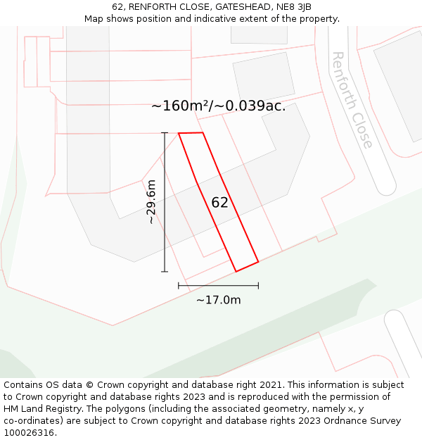 62, RENFORTH CLOSE, GATESHEAD, NE8 3JB: Plot and title map