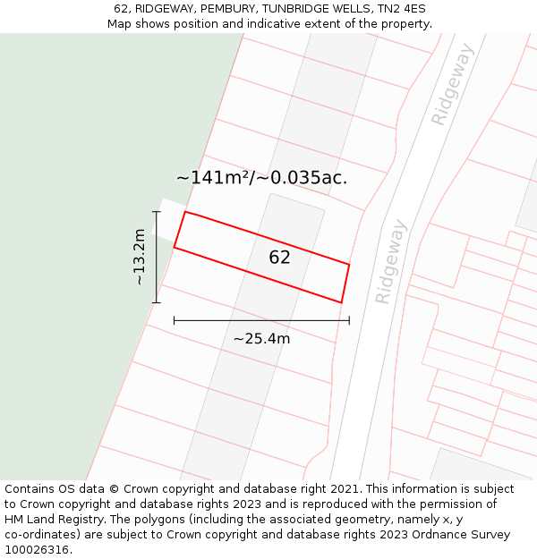 62, RIDGEWAY, PEMBURY, TUNBRIDGE WELLS, TN2 4ES: Plot and title map