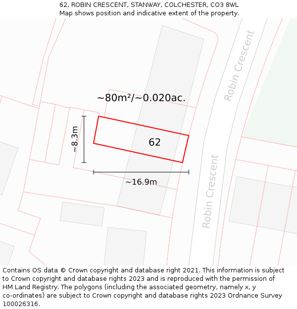 62, ROBIN CRESCENT, STANWAY, COLCHESTER, CO3 8WL: Plot and title map
