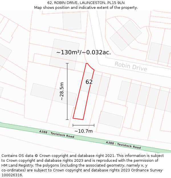 62, ROBIN DRIVE, LAUNCESTON, PL15 9LN: Plot and title map