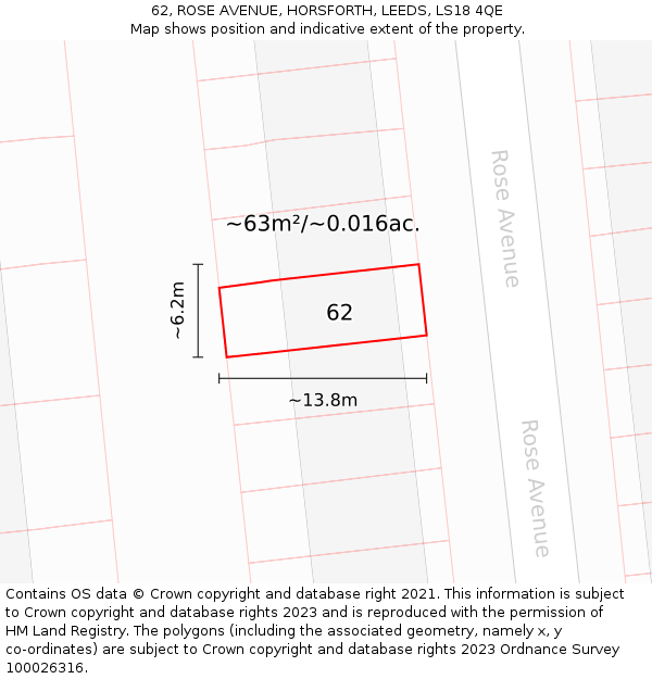 62, ROSE AVENUE, HORSFORTH, LEEDS, LS18 4QE: Plot and title map