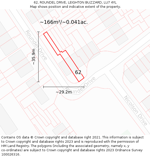 62, ROUNDEL DRIVE, LEIGHTON BUZZARD, LU7 4YL: Plot and title map