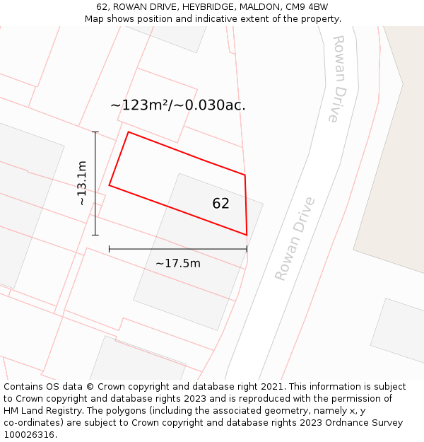 62, ROWAN DRIVE, HEYBRIDGE, MALDON, CM9 4BW: Plot and title map