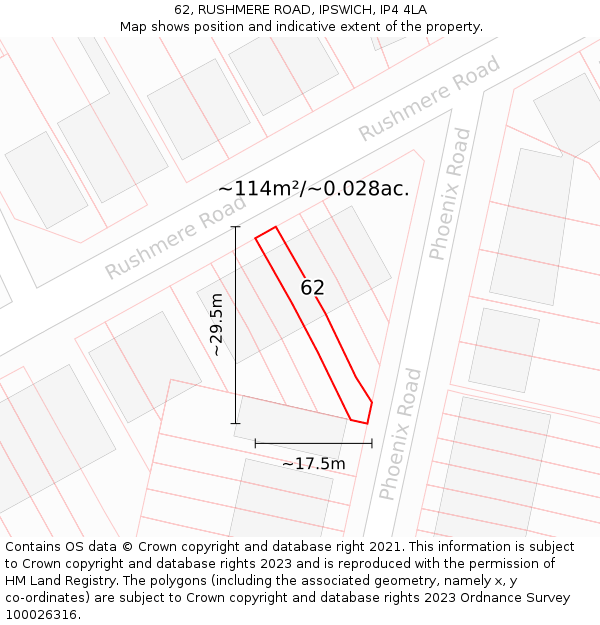 62, RUSHMERE ROAD, IPSWICH, IP4 4LA: Plot and title map