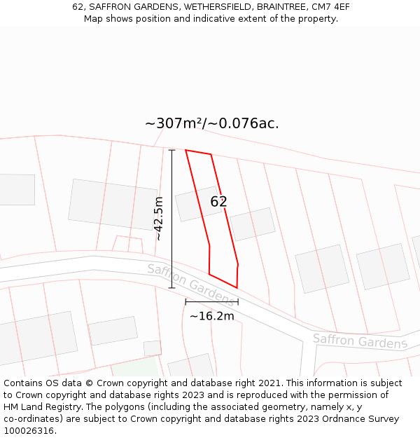 62, SAFFRON GARDENS, WETHERSFIELD, BRAINTREE, CM7 4EF: Plot and title map