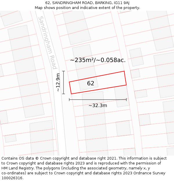 62, SANDRINGHAM ROAD, BARKING, IG11 9AJ: Plot and title map