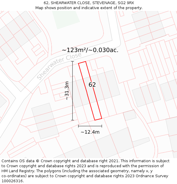62, SHEARWATER CLOSE, STEVENAGE, SG2 9RX: Plot and title map