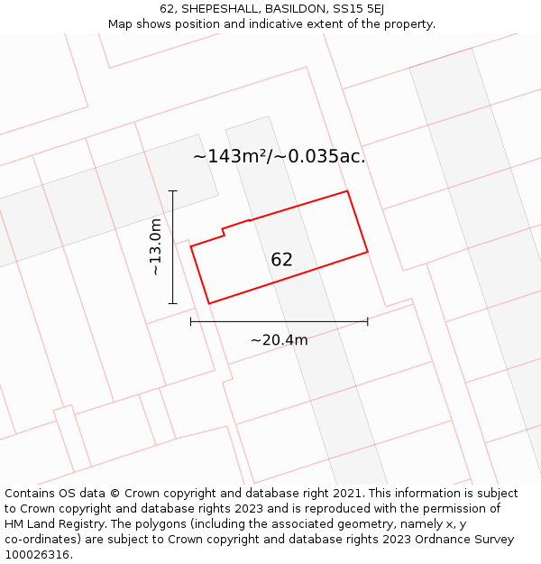 62, SHEPESHALL, BASILDON, SS15 5EJ: Plot and title map