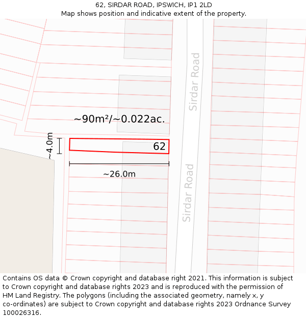 62, SIRDAR ROAD, IPSWICH, IP1 2LD: Plot and title map
