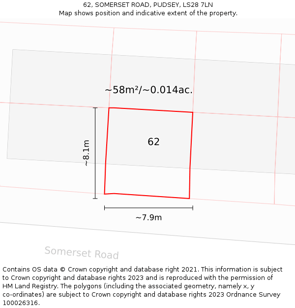 62, SOMERSET ROAD, PUDSEY, LS28 7LN: Plot and title map