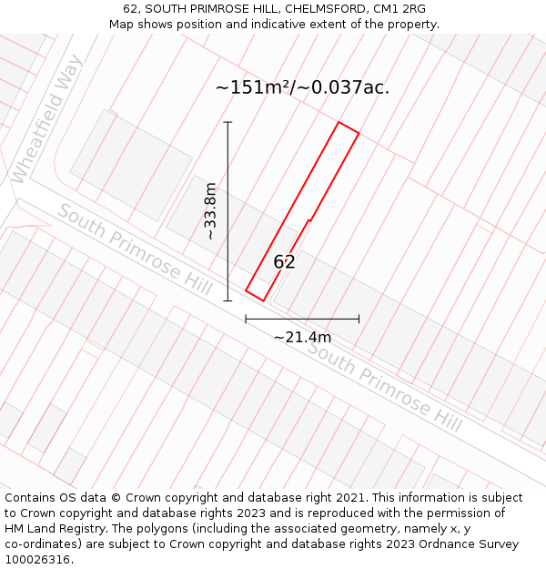 62, SOUTH PRIMROSE HILL, CHELMSFORD, CM1 2RG: Plot and title map